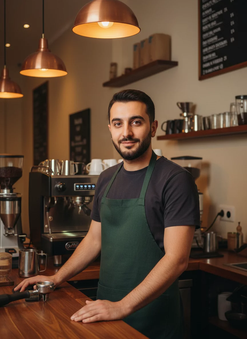 Armenian male barista in apron, professional coffee shop setting