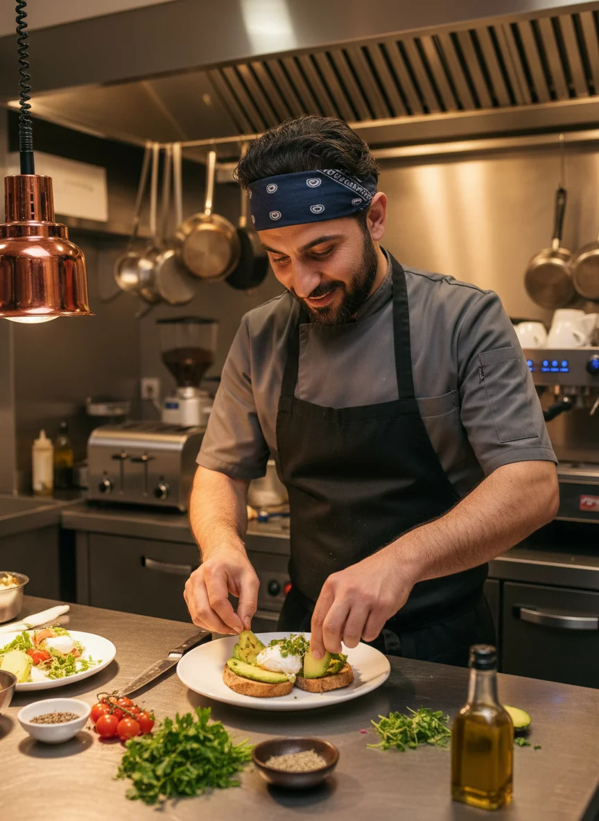 Armenian male chef in kitchen, preparing food in cafe