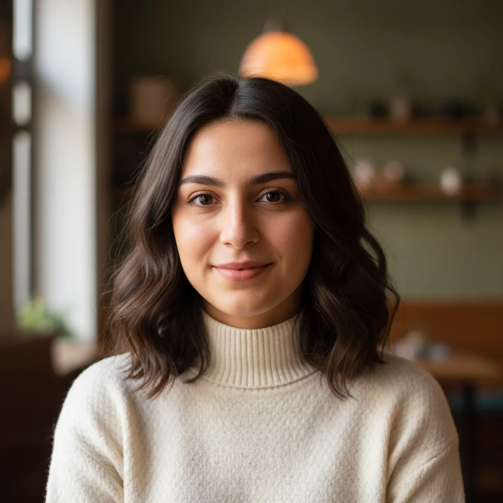 Young Armenian woman portrait, warm smile, casual style