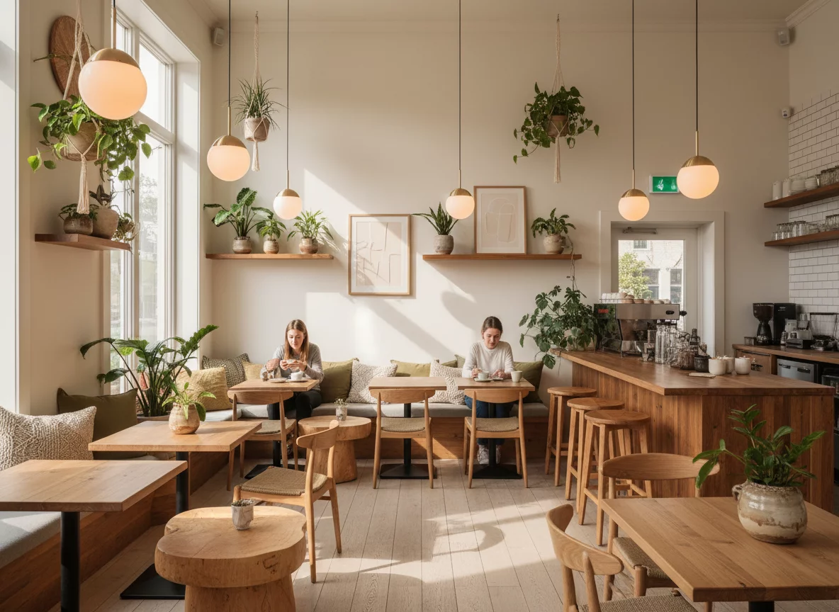 Warm cozy coffee shop interior with wooden furniture and green plants, no text
