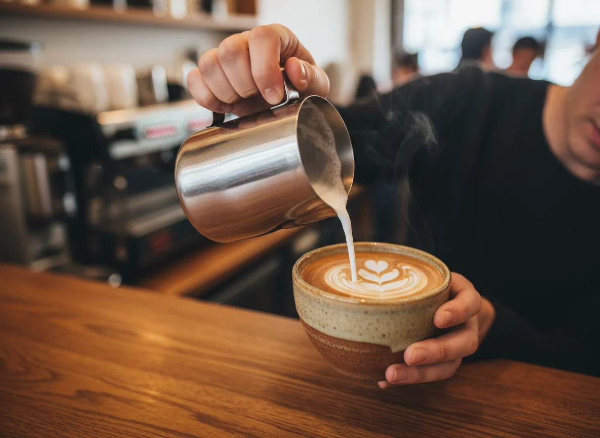 Latte art being poured by barista into ceramic cup, no text