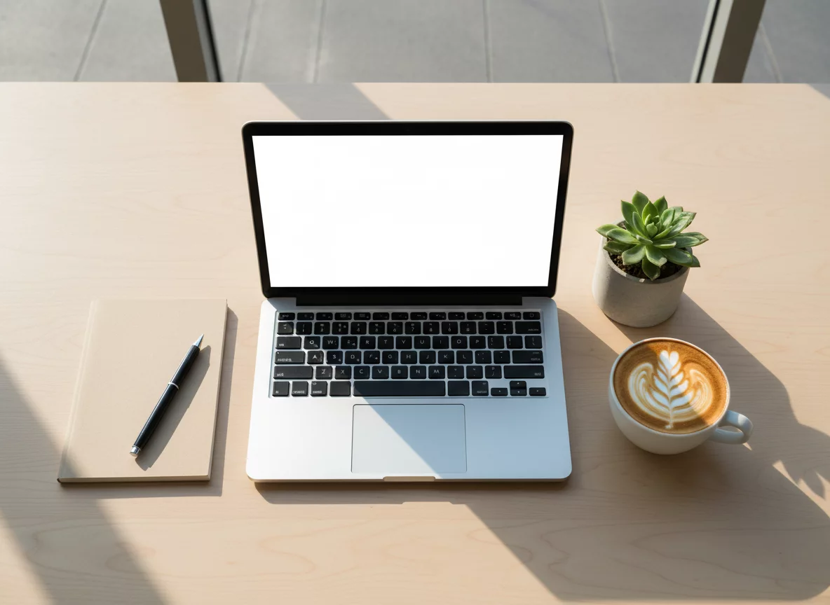 Minimalist cafe workspace with laptop and cappuccino, no text