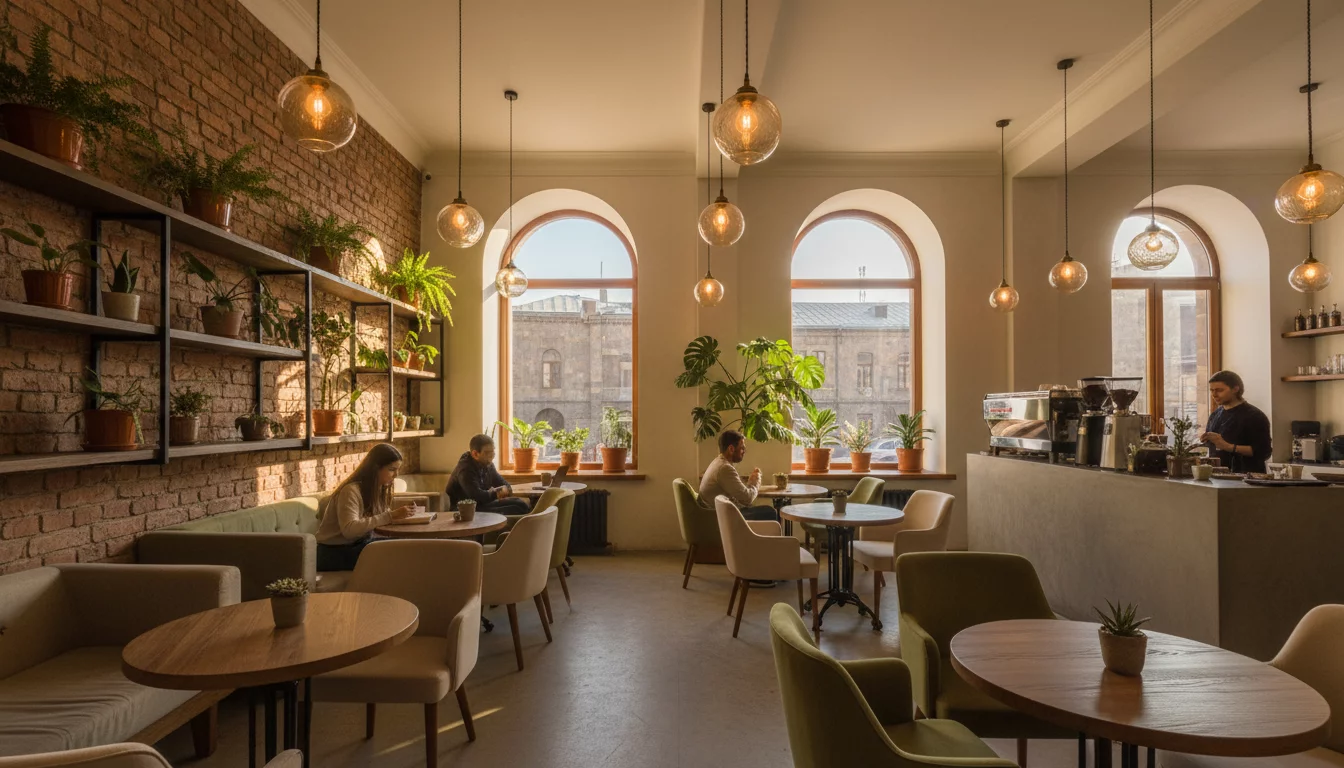 Cozy specialty coffee shop interior with warm lighting and plants, no text