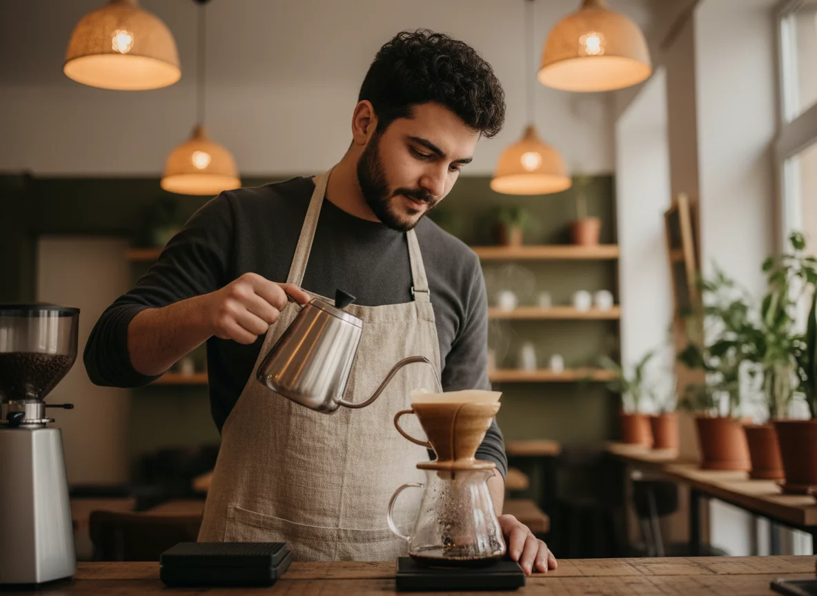 Barista preparing specialty pour over coffee in cozy cafe setting, no text